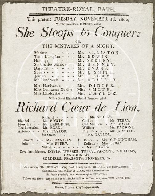 She Stoops to Conquer Playbill, Theatre Royal, Bath 1802