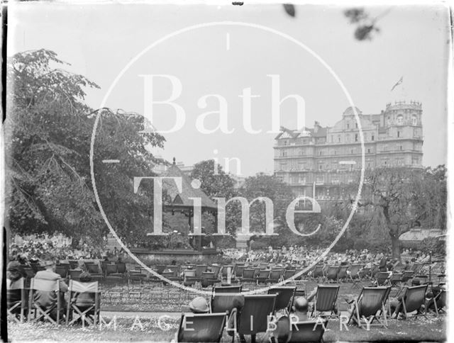 A few empty deck chairs around the bandstand, Parade Gardens c.1930s