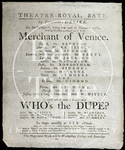 Playbill for the Theatre Royal production of The Merchant of Venice, 1781