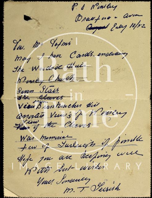 Order for postcards in the Winsley area to GL Dafnis, 10 July 1952. 1952