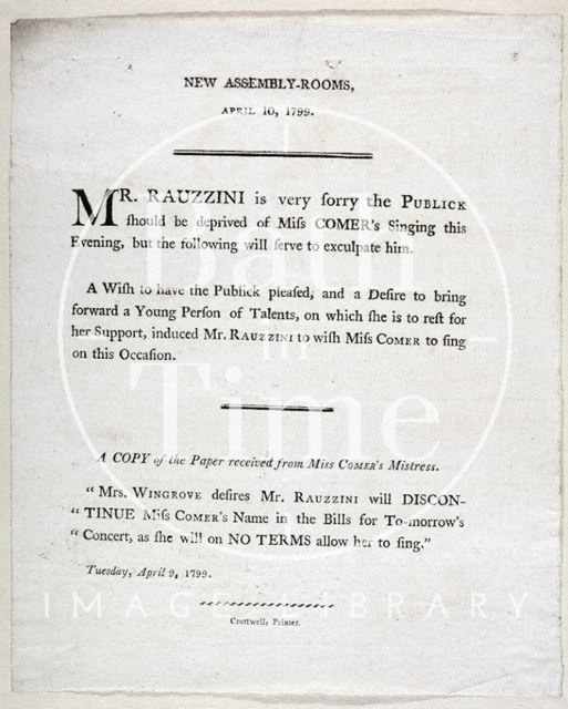 Apology note from Mr Rauzzini to the public for cancelling a performance at the New Assembly Rooms April 10 1799