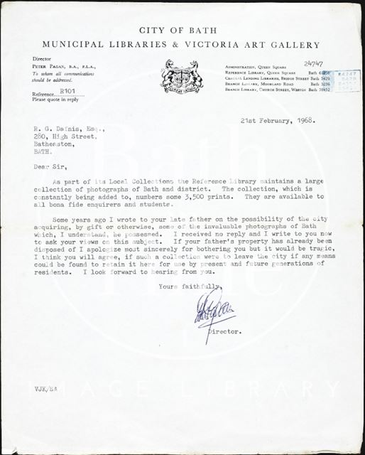 Letter from the Director of Victoria Art Gallery and Municipal Libraries to Mr R. G. Dafnis Feb 1968