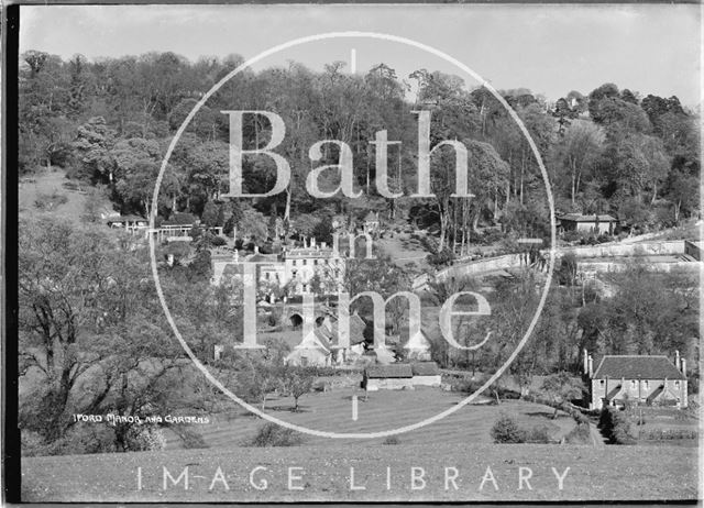 View of Iford Manor and gardens from hill opposite c.1920s