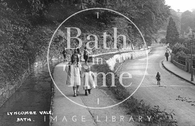 Children playing beside the brook at Lyncombe Vale, Bath, c.1921 - detail