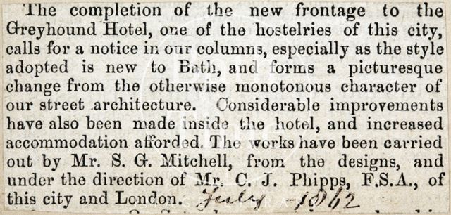 New facade to the Greyhound Hotel, High Street, Bath, 1862