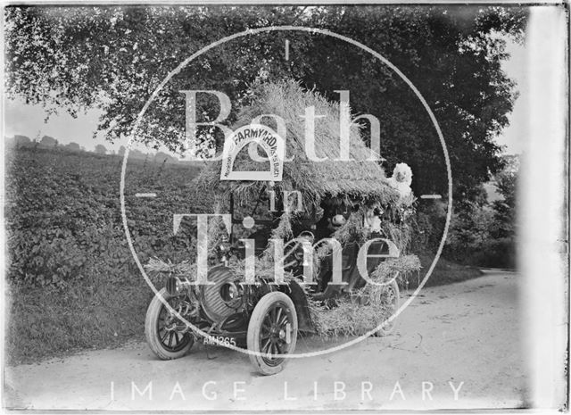 Car decorated with Monkton House Farmyard comes to Horseshoe Walk?, Bath c.1920