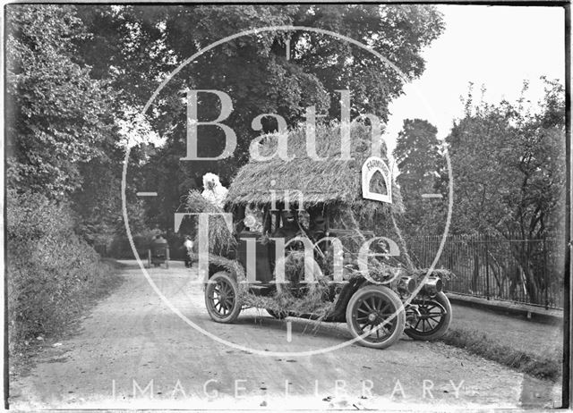 Car decorated with Monkton House Farmyard comes to Horseshoe Walk?, Bath c.1920