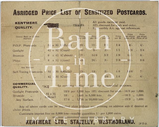 Kenmere Ltd., Staveley, Westmorland. Abridged Price List of Sensitized Postcards, Bath c.1910?