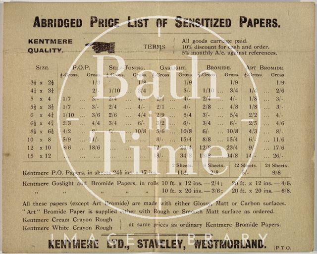 Kenmere Ltd., Staveley, Westmorland. Abridged Price List of Sensitized Postcards, Bath c.1910?