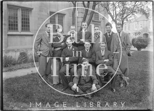 Group of young men in the Triangle in front of Oldfield Park Baptist Church, Bath c.1930