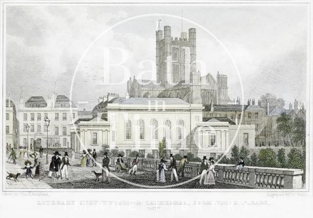 Literary Institution & Cathedral (Abbey) from North Parade (tinted), Bath 1829