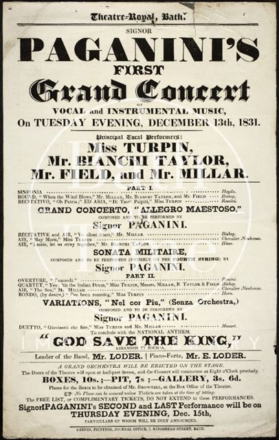 Paganini's First Grand Concert of Vocal and Instrumental Music, Theatre Royal, Bath 1831