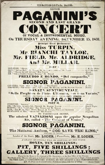 Paganini's Second and Last Grand Concert of Vocal and Instrumental Music, Theatre Royal, Bath 1831
