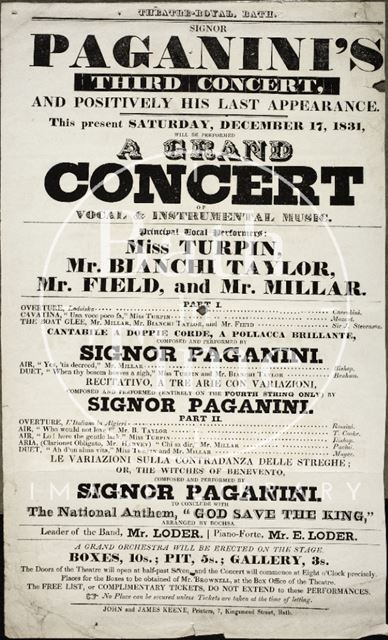 Paganini's Third and Positively his Last Appearance, A Grand Concert of Vocal and Instrumental Music, Theatre Royal, Bath 1831