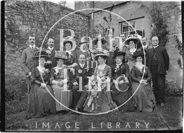 The photographer's wedding party in the back garden of the Bence's, Avon House, Batheaston 1910