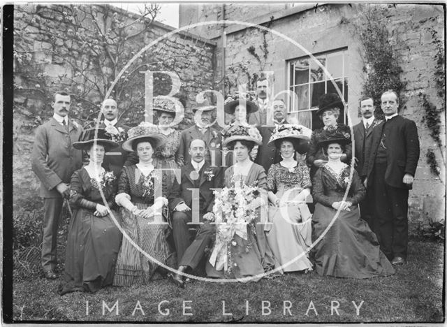 The photographer's wedding party in the back garden of the Bence's, Avon House, Batheaston 1910