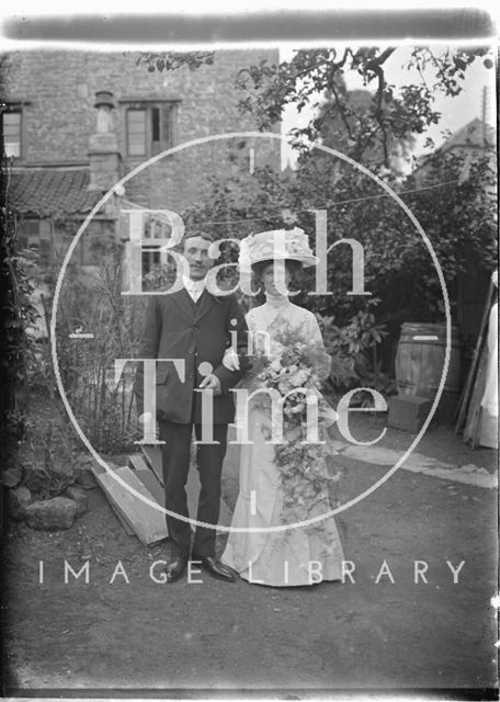 Wedding couple in the back garden of the Bence's, Avon House, Batheaston 1910