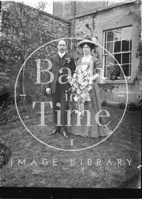 The photographer and his bride in the back garden of the Bence's, Avon House, Batheaston 1910