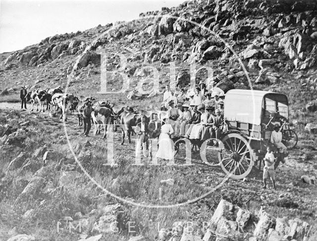 Group of people on an outing, posing on a cart pulled by oxen c.1900