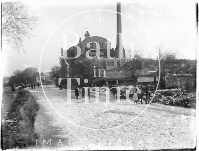 Frozen Kennet and Avon Canal, Bathampton outside Harbutt's Plasticine works c.1920