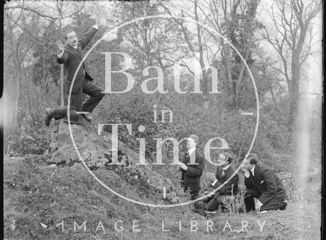 Four young men clowning around, Bathampton Rocks? c.1900