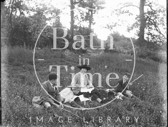 The photographer's wife and twin boys, probably at Bathampton Down c.1920