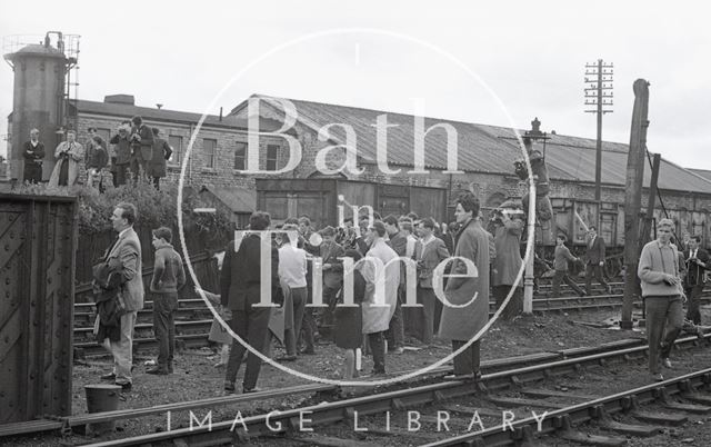 Railway enthusiasts waiting at Green Park Station, Bath 1964