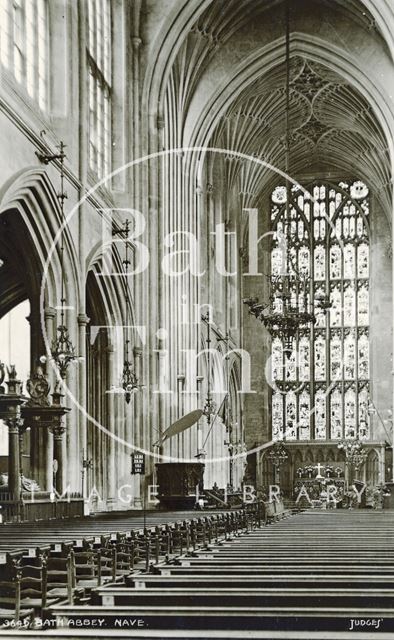 The nave looking east, showing the tomb of Bishop Montague, Bath Abbey c.1930