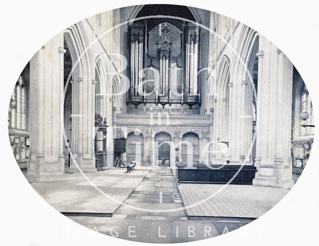 The nave looking east, showing the organ, Bath Abbey c.1862