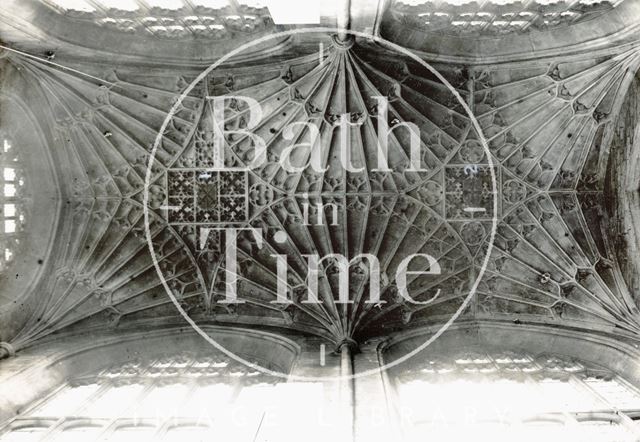 Arms on the vault of the north transept, Bath Abbey c.1894