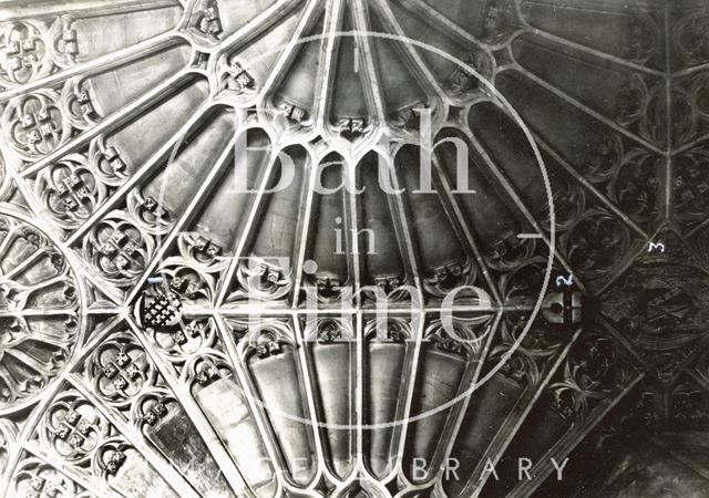 Arms on the vault of the south aisle of presbytery, Bath Abbey c.1894