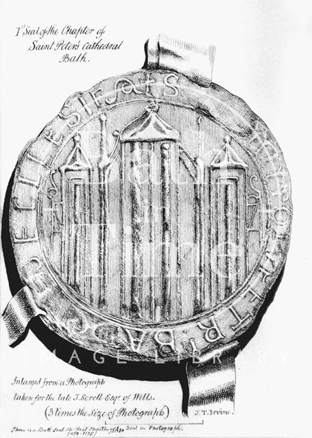 1st Seal of the Chapter of St. Peter's Cathedral, Bath in use from the middle of the 12th to close of 13th century, thought to be showing the early Abbey building, drawn c.1870