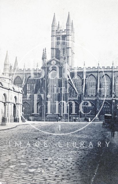 Bath Abbey from High Street, showing the corner of the old market c.1870