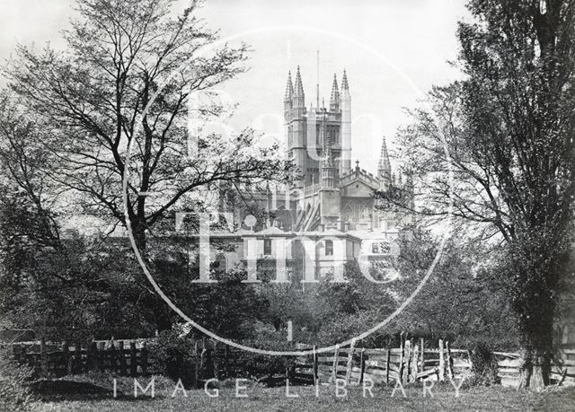 Bath Abbey and the old B.R.S.L.I. building, viewed from across the river Avon c.1890