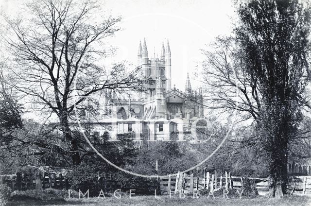 Bath Abbey and the old B.R.S.L.I. building, viewed from across the river Avon c.1890