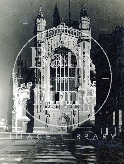 Bath Abbey west front. Floodlit during the coronation of George VI 1937