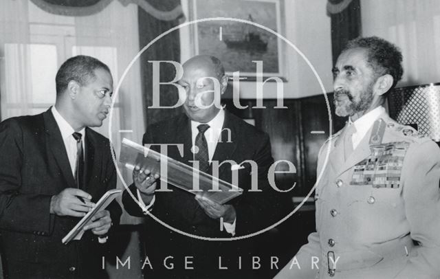 Haile Selassie is presented with a print of Bath Abbey 1966