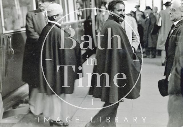 Emperor Haile Selassie waiting at Bath Spa Station to greet Empress Menen 1936