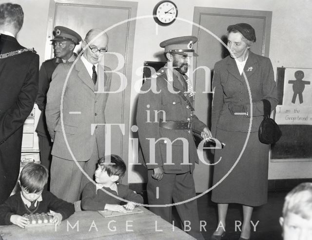 Emperor Haile Selassie visiting Moorlands Junior School in Bath 1954