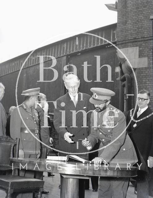 Sir Llewellyn Soulsby, Chairman of Stothert & Pitt and Halie Selassie on a tour of the Newark Works, Bath 1954