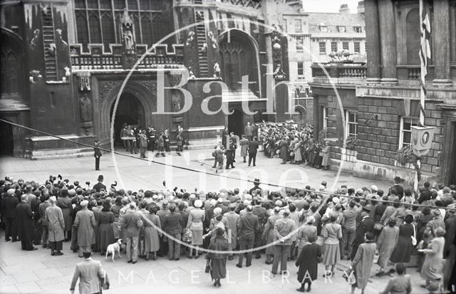 Emperor Haile Selassie leaving Bath Abbey to meet the crowds 1954