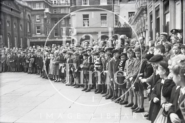 Crowds waiting to greet Emperor Haile Selassie in Abbey Church Yard, Bath 1954