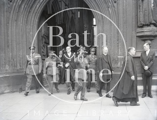 Emperor Haile Selassie leaving Bath Abbey to meet the crowds 1954