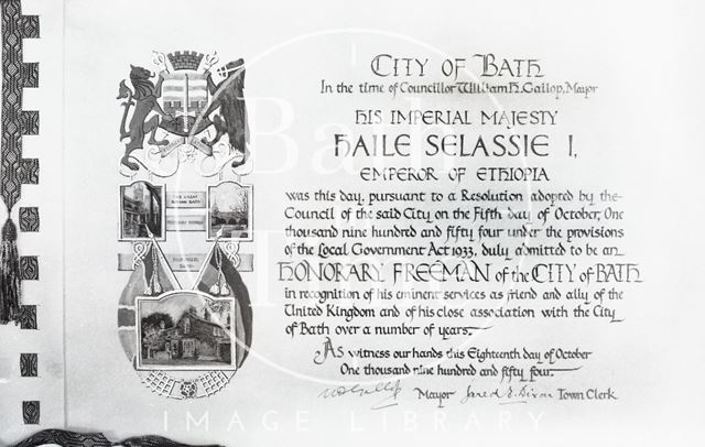 The inscription for the Freedom of the City of Bath, given to Emperor Haile Selassie 1954