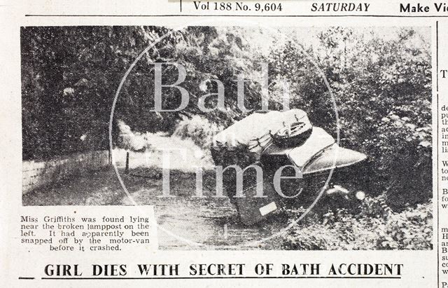 Girl Dies with Secret of Bath Accident - Picture of crashed van 1945