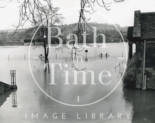 View past the Pavilion across a flooded Recreation Ground, Bath 1968