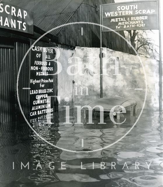 The flooded premises of South Western Scrap Merchants, 17 to 20, St. John's Road, Bath 1960