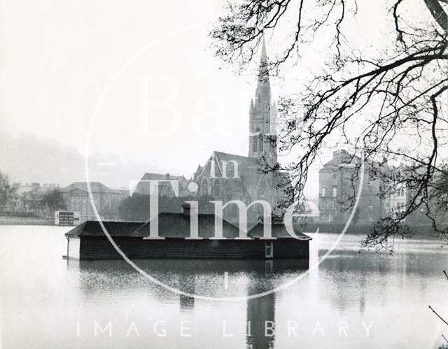 The flooded cricket ground, looking towards St. John's Catholic Church, Bath 1960