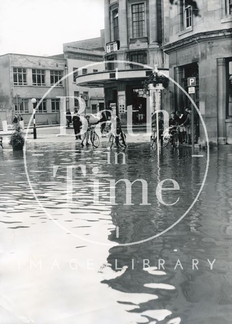 The flooded road Forum on the corner of Southgate and Somerset Street, Bath 1968