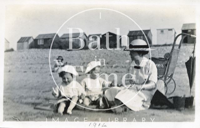 The photographer's wife Violet and twin boys on the beach at Minehead, Somerset c.1914